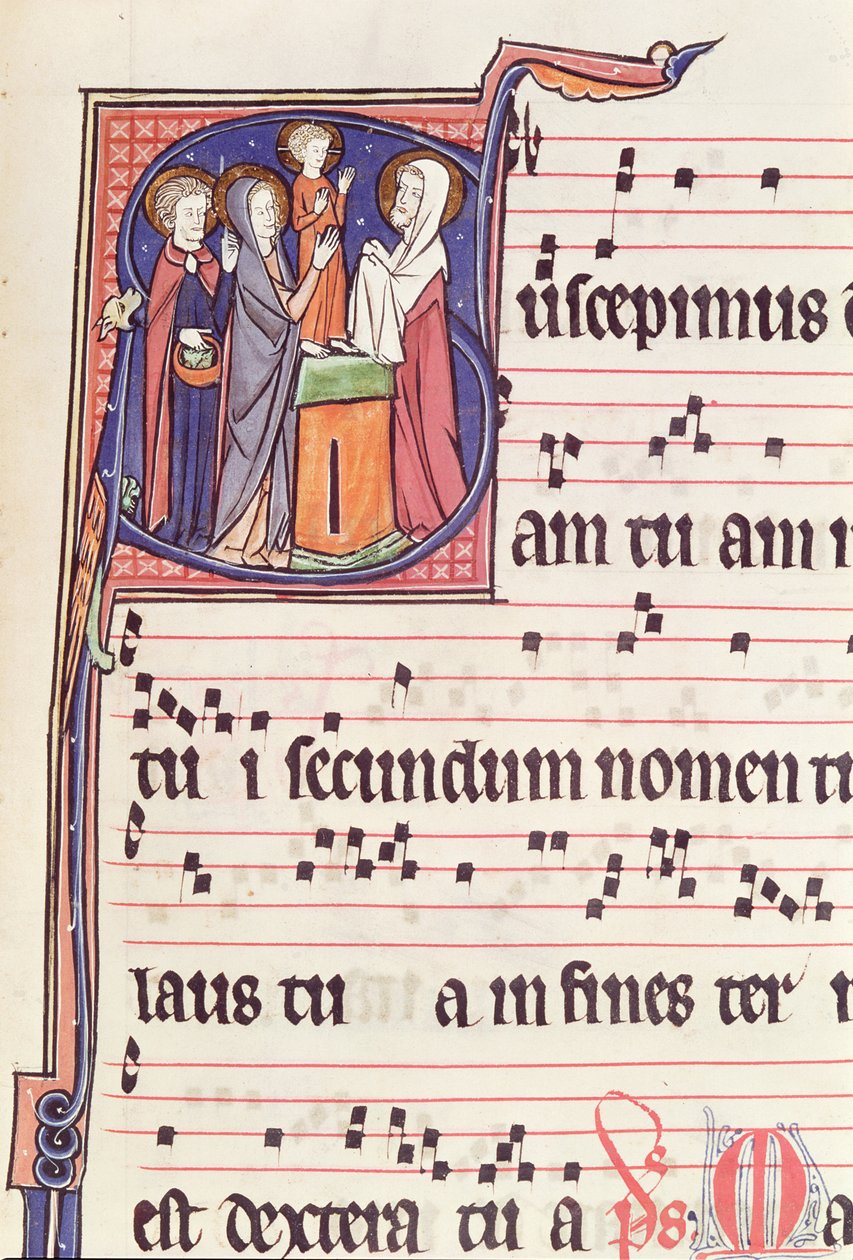 Ms 241 f.144 Historyczny inicjał S przedstawiający Ofiarowanie Jezusa w świątyni, z antyfonału na konsekrację kościoła opactwa Vauclair, 1257 autorstwa French School