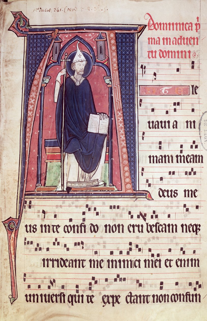 Ms 241 f.1 Historyczny inicjał A przedstawiający św. Grzegorza z antyfonału na konsekrację kościoła opackiego w Vauclair, 1257 autorstwa French School