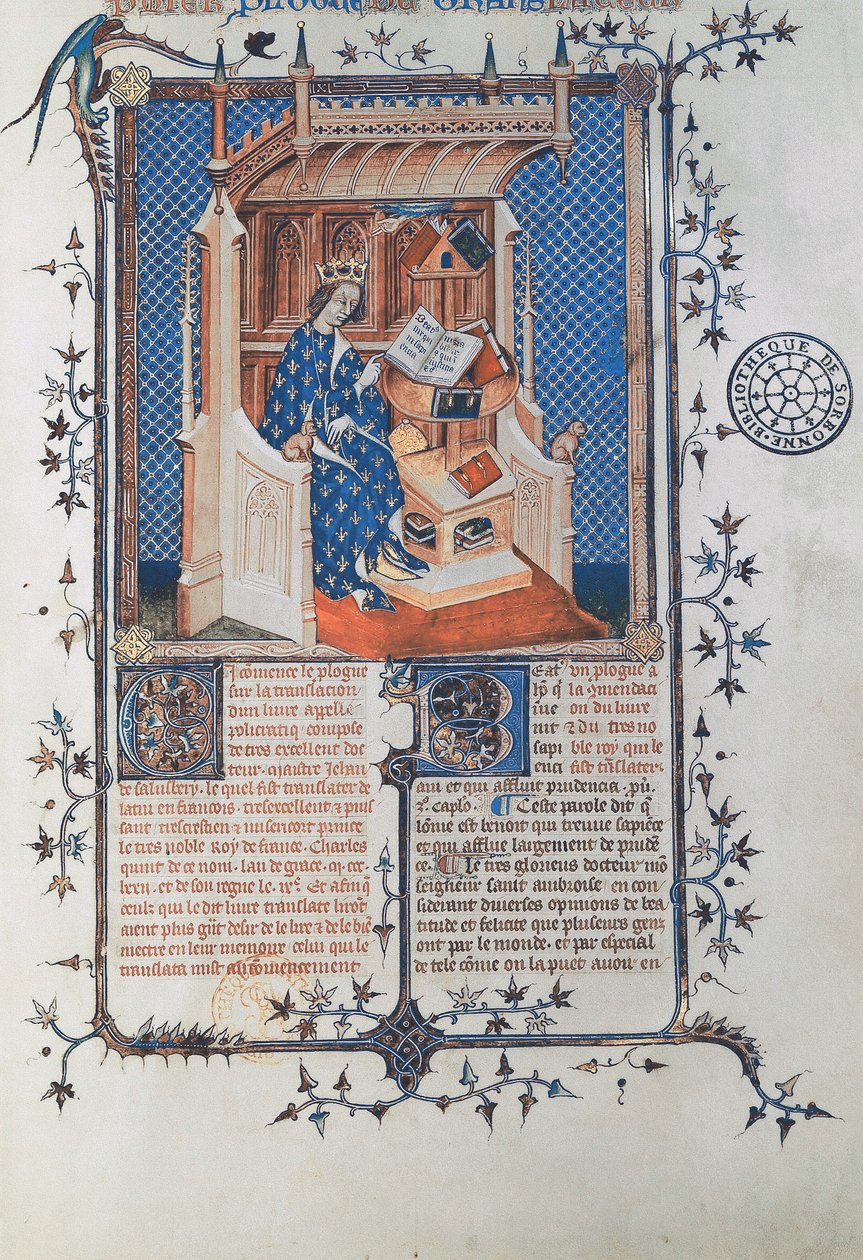 p. 24287 ob. 2r Karol V, Mądry, król Francji, z Jana z Salisbury, Polycraticus, przekład Denis Foulechatis, c.1372 (wellum) autorstwa French School