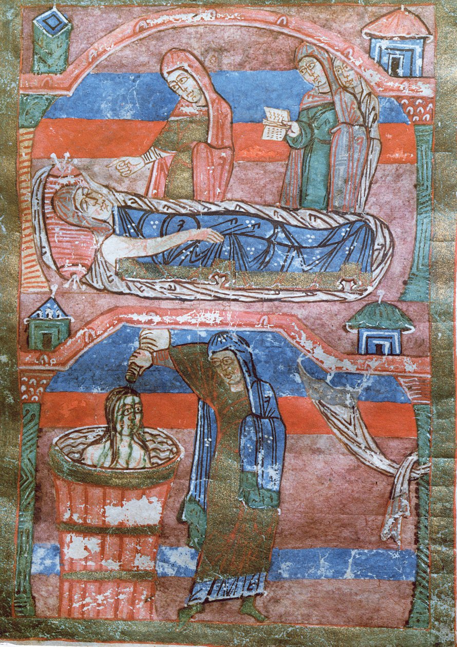 Ms 250 Dropsical kobieta wyleczona w łaźniach przez św. Radegundę, z Życia św. Radegundy autorstwa French School