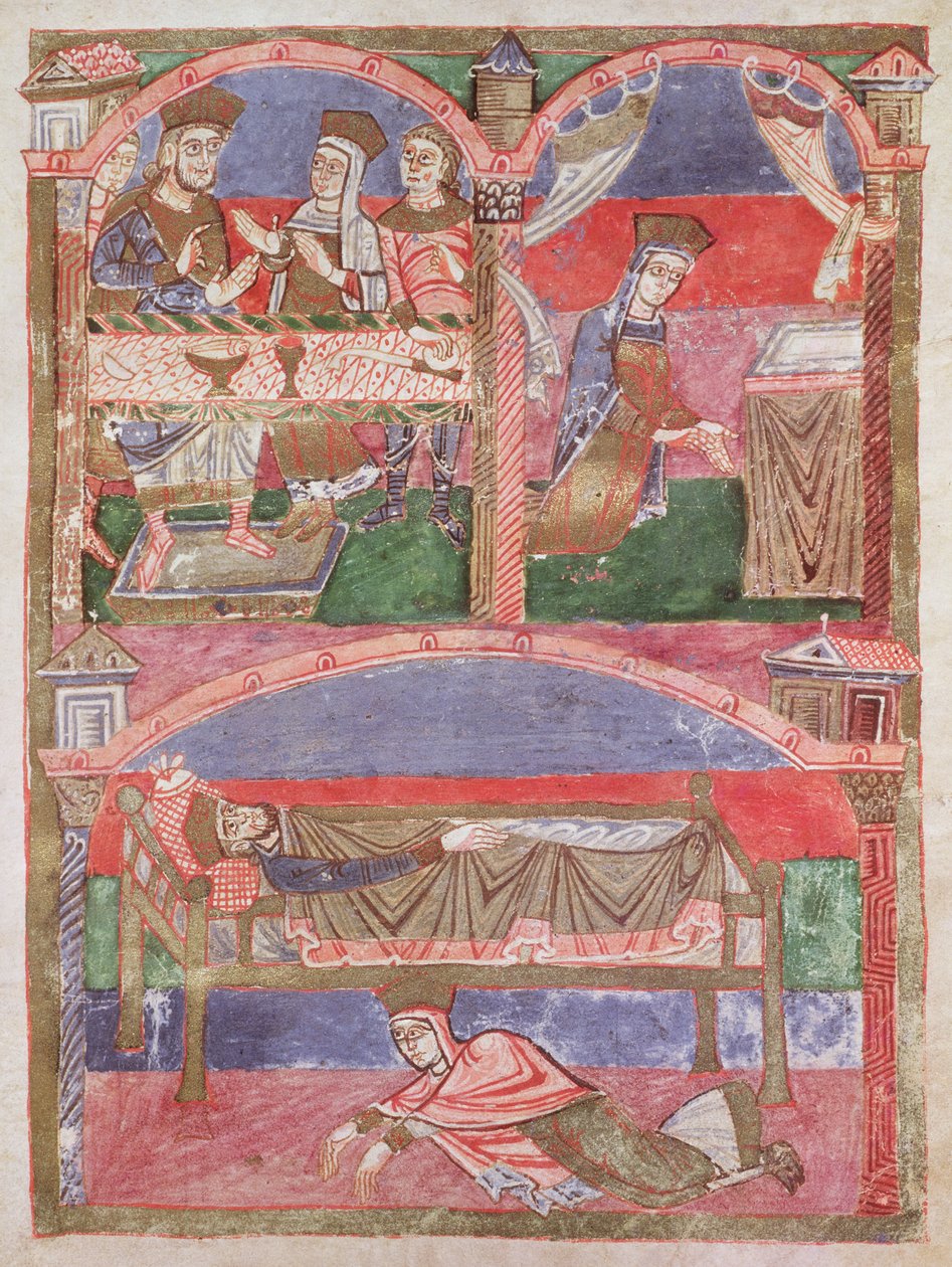 Ms 250 f.24r St. Radegunda (518-87) przy stole Clothara I (497-561), w jej oratorium i u stóp królewskiego łoża, z Żywotu św. Radegundy autorstwa French School