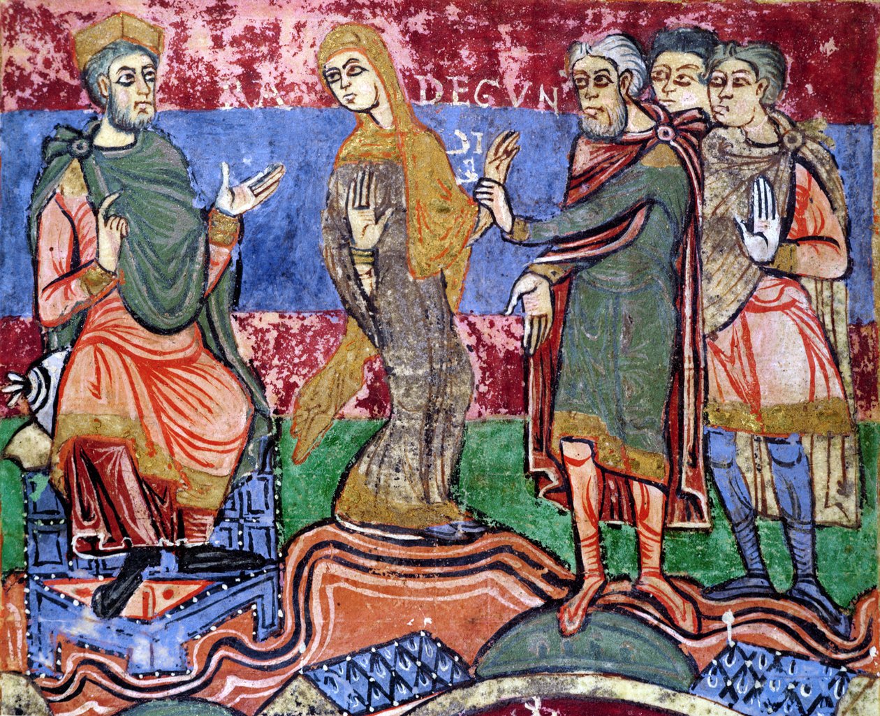 Ms 250 f.24r Św. Radegunda (518-87) prowadzona przed Clothar I (497-561) z Żywotu Św. Radegundy autorstwa French School