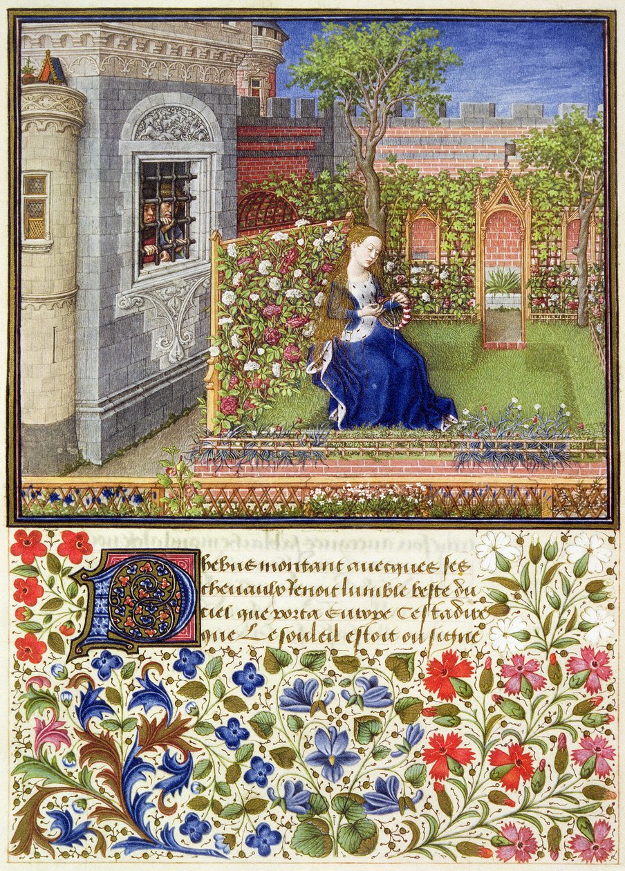 Ms 2617 Emilia w swoim ogrodzie, ilustracja 22, z La Teseida, Giovanni Boccaccio (1313-75), 1340-41 autorstwa French School