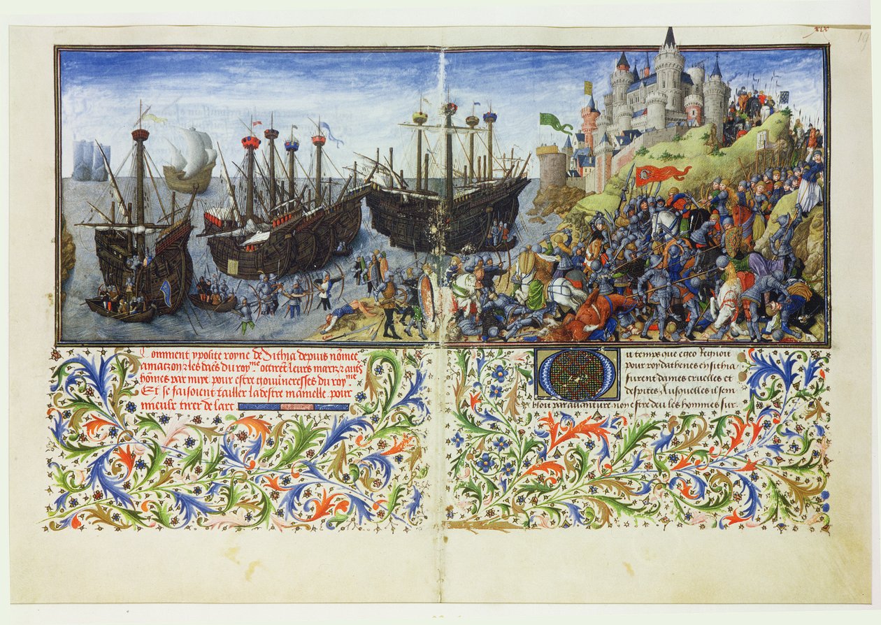 Ms 2617 Zamek Amazonek jest oblegany przez Tezeusza, księcia Aten, z La Teseida, Giovanni Boccaccio (1313-75) 1340-41 autorstwa French School