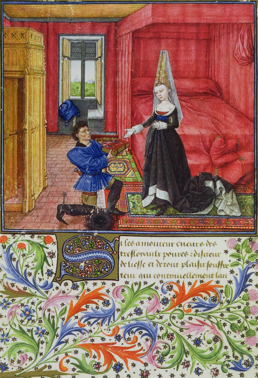 Ms 2617 Skryba dedykuje La Teseida nieznanej młodej kobiecie z La Teseida, Giovanni Boccaccio (1313-75) 1340-41 autorstwa French School
