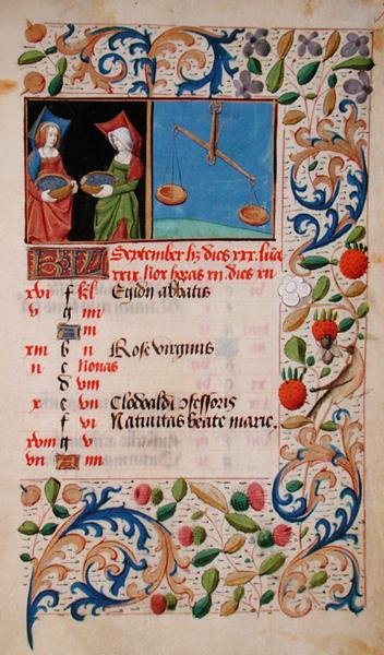 Ms 2697 Kalendarz na wrzesień, z „Heures de Notre Dame” (welin) autorstwa French School