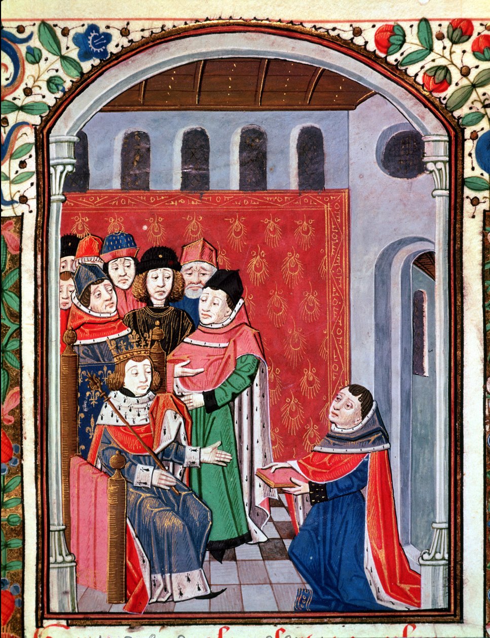Ms 3045 fol.1 Jean de Meung (1240-1305) oferuje swoje tłumaczenie Philippe le Bel (1268-1314) z Pocieszenia filozoficznego Boecjusza autorstwa French School