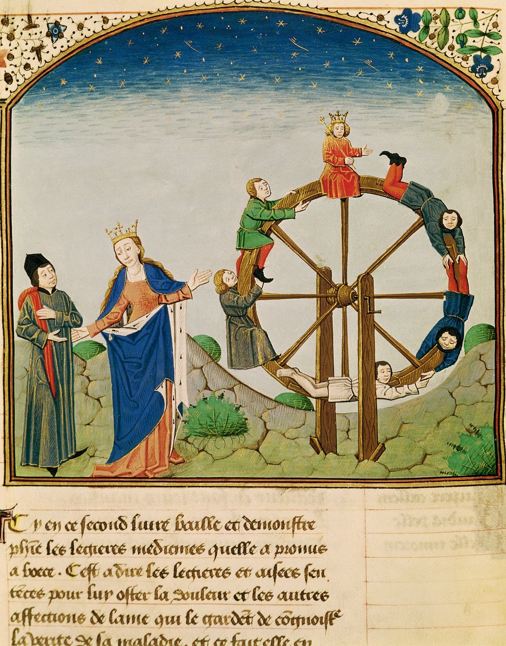 Ms 3045 fol.22v Boecjusz z kołem fortuny, z Pocieszenia Filozofii, przekład Jean de Meung autorstwa French School