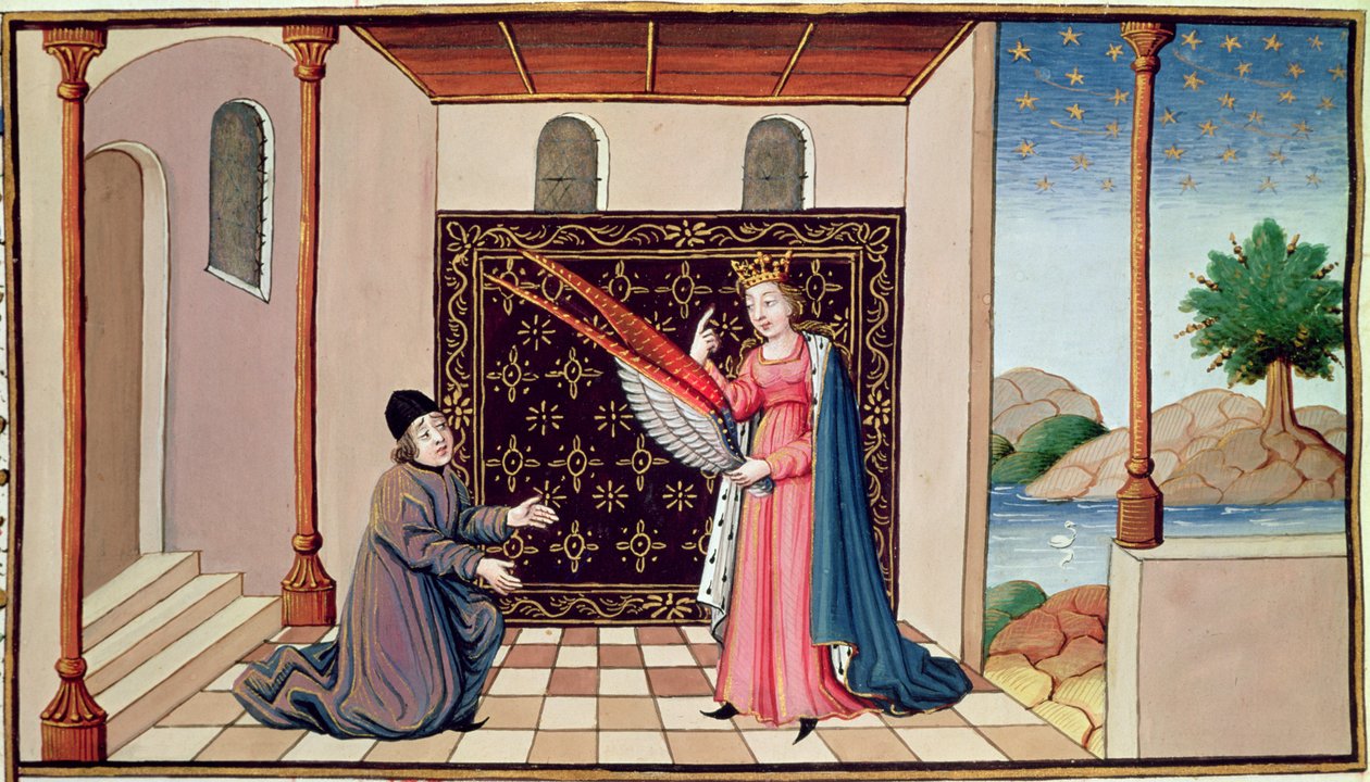 Ms 3045 fol.68v Lady Philosophy oferuje Boecjuszowi skrzydła, które pozwolą jego umysłowi wznieść się w górę autorstwa French School