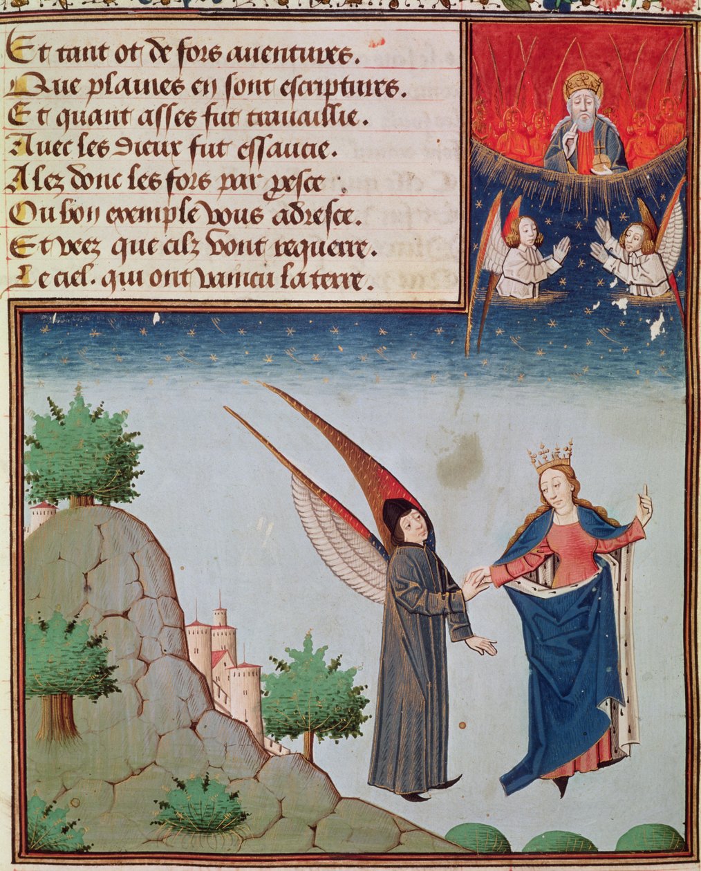 Pani 3045 fol.94r Lady Filozofia prowadzi Boecjusza do lotu w niebo na skrzydłach, które mu dała; Bóg Ojciec patrzy w błogosławieństwie autorstwa French School