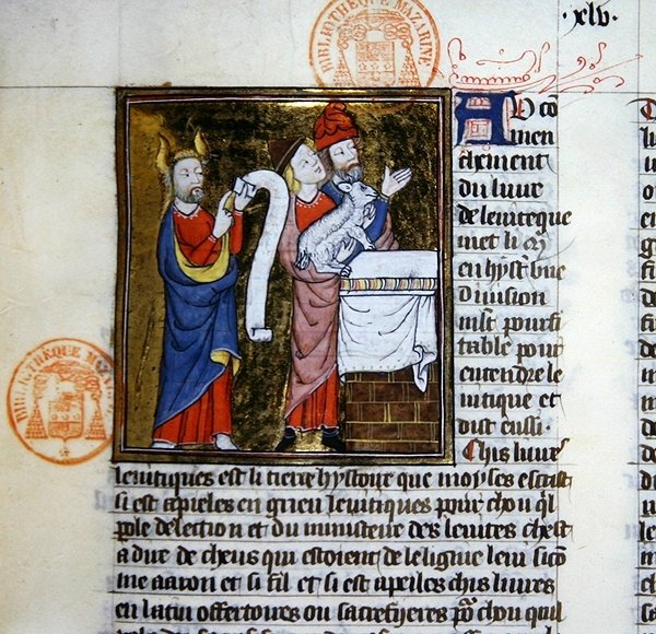 Ms 312 Mojżesz ofiarowuje Baranka Paschalnego, miniaturę z Biblijnej Historii Guyarta des Moulins (welum) autorstwa French School