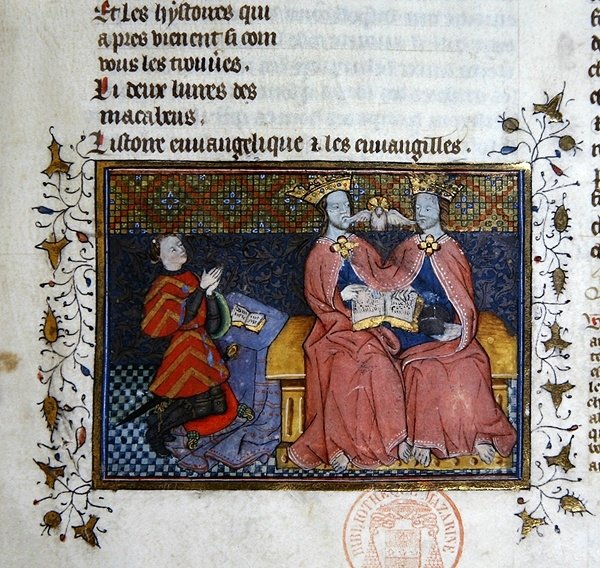 Ms 312 Trójca i klęcząca postać ofiarodawcy, miniatura z Historii biblijnej Guyarta des Moulinsa (welum) autorstwa French School