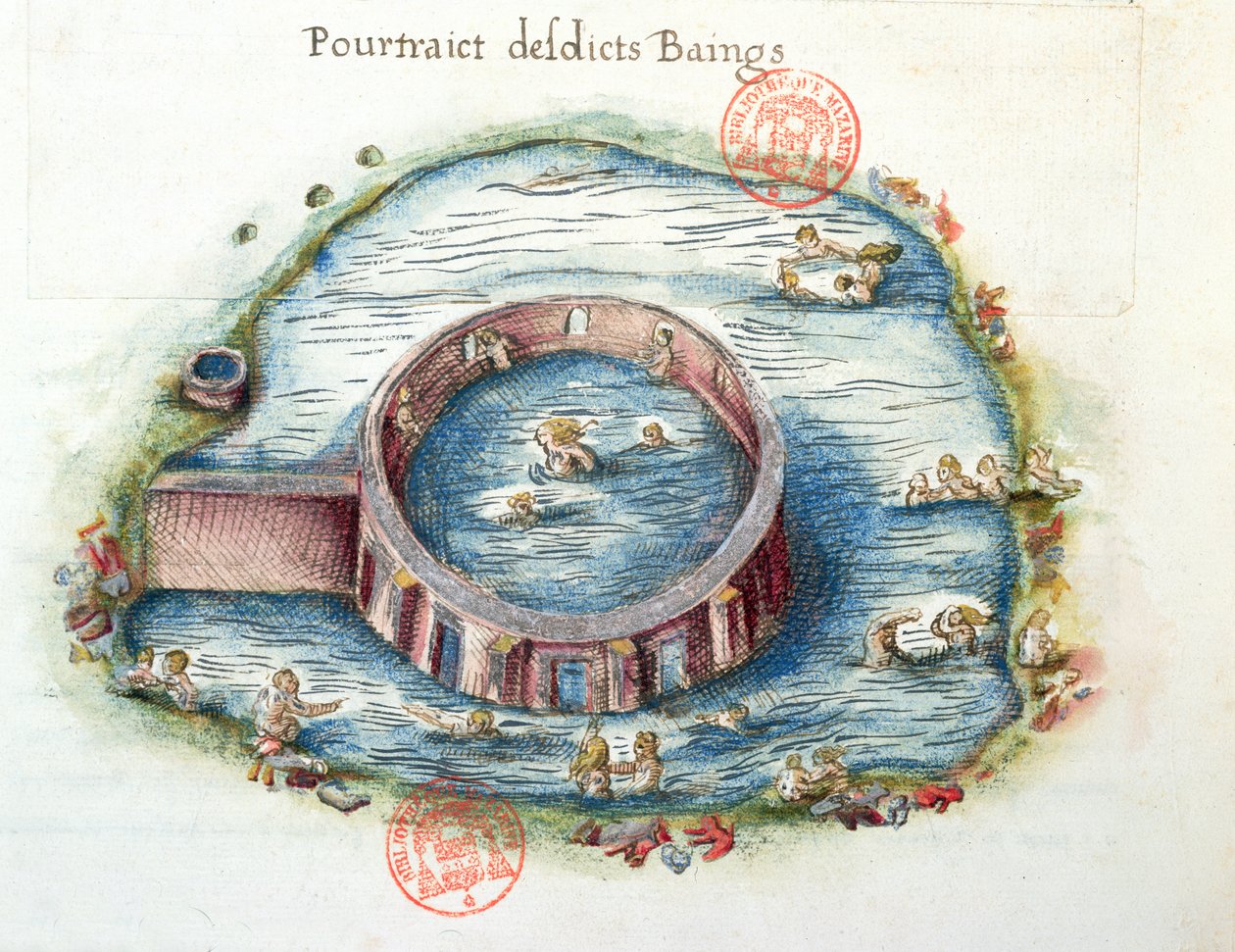 Ms 3242 Łaźnie Bourbon-Lancy, ilustracja z Generale Description du Bourbonnais autorstwa Nicolasa de Nicolay, 1569 (wc na papierze) autorstwa French School