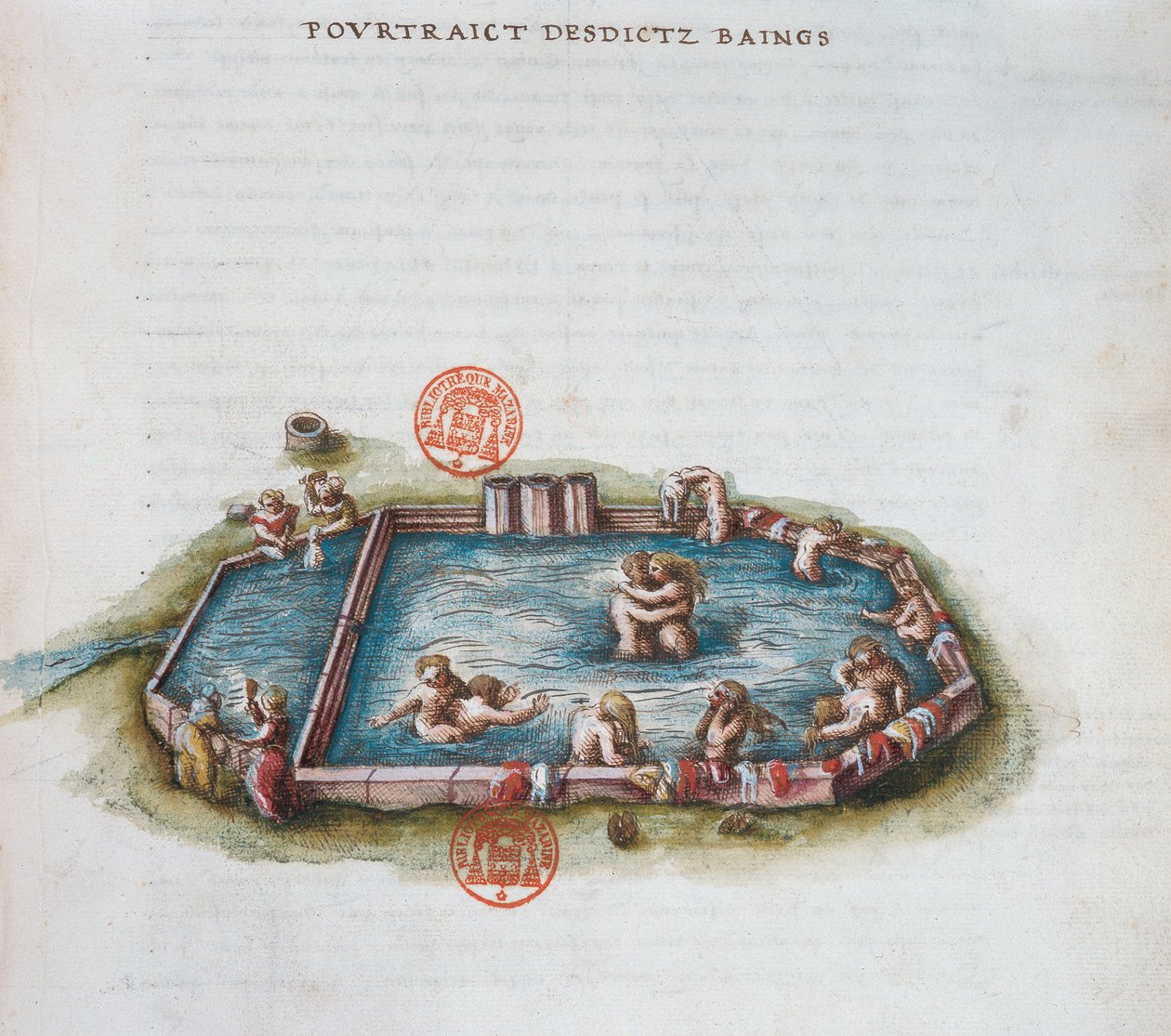 Ms 3243 Łaźnie Bourbon lArchambaut, Owernia, ilustracja z Generale Description du Bourbonnais autorstwa Nicolasa de Nicolay, 1569 (wc na papierze) autorstwa French School