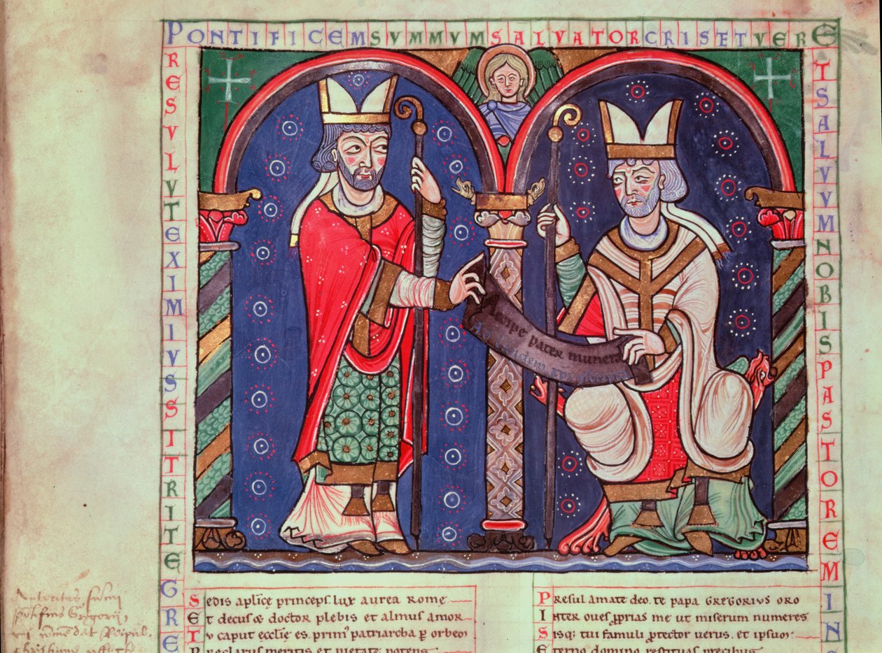 Ms 3401 fol.39v Rabanus Maurus (ok. 780-856) ofiarowując swoją książkę papieżowi Grzegorzowi I (540-604) z opactwa Anchin autorstwa French School