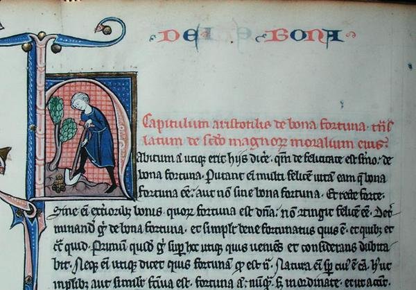 Ms 3458 Historyczny inicjał „H” przedstawiający człowieka kopiącego, z „Fizyki” Arystotelesa (384-322 pne) (pióro, atrament i tempera na welinie) autorstwa French School