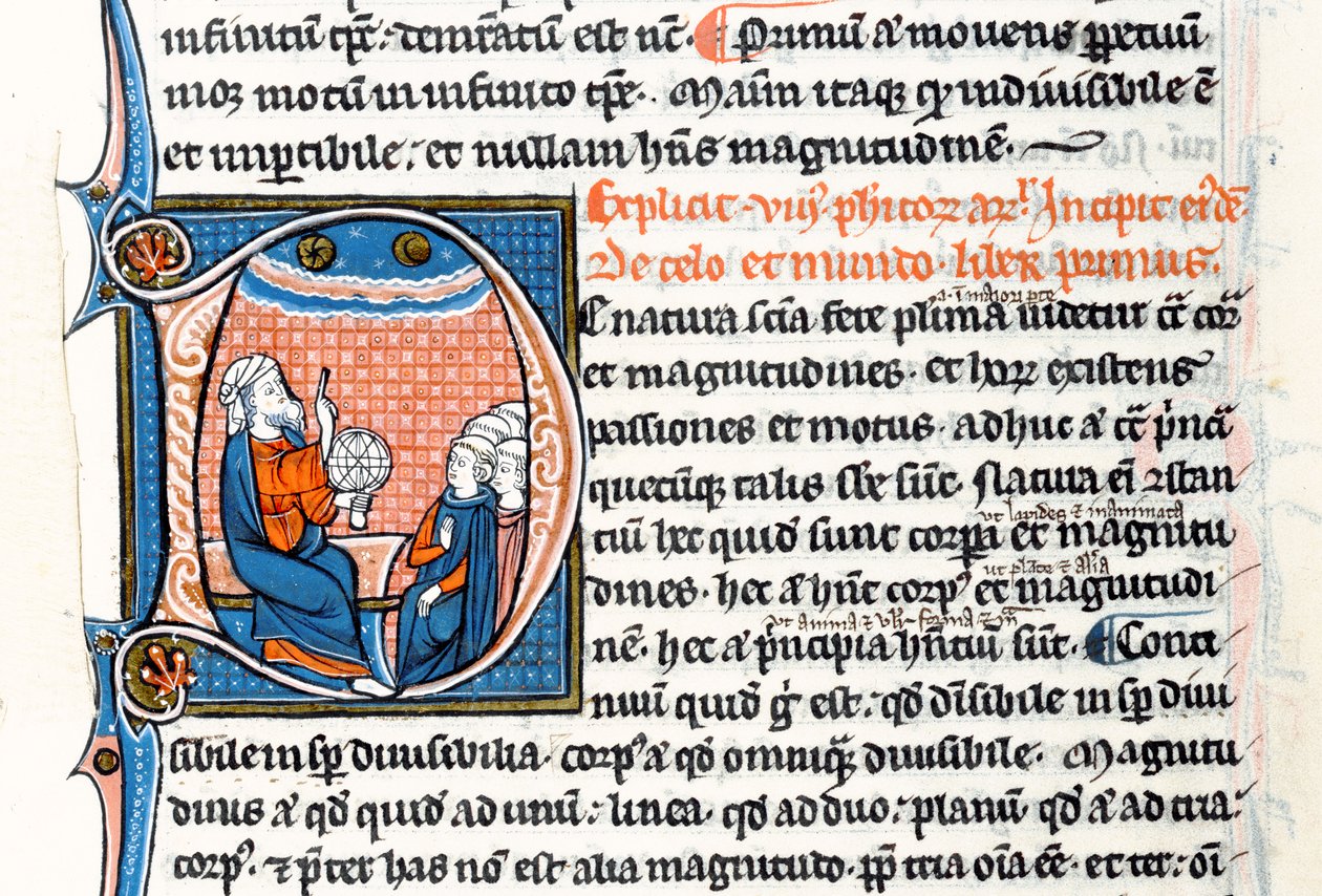 Ms 3458 fol 62vo Historyczny inicjał D przedstawiający Arystotelesa trzymającego sferę armilarną i wskazującego na niebo, gdy naucza grupę duchownych z Europy Zachodniej (pióro i atrament oraz tempera na welon autorstwa French School