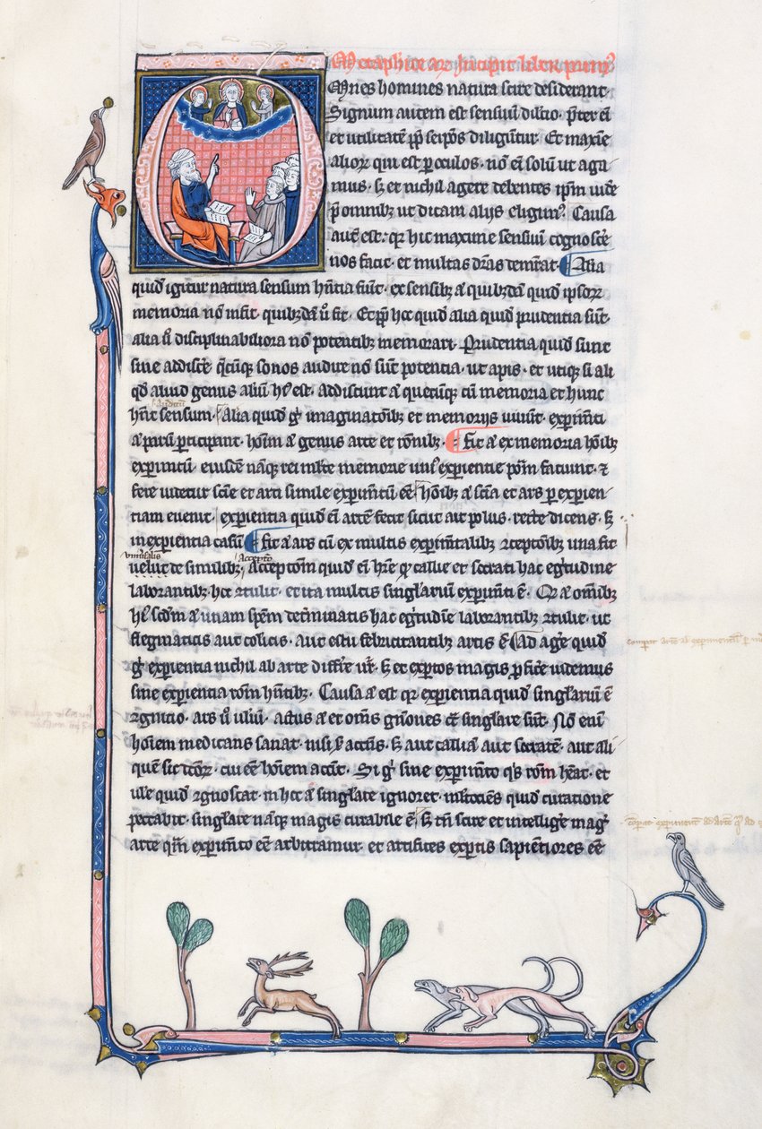 Ms 3458, historyczny inicjał O przedstawiający starożytnego greckiego filozofa Arystotelesa, nauczającego grupę duchownych z Europy Zachodniej i skierowanego w górę ku Bogu w niebiosach (pióro i atrament oraz tempera autorstwa French School