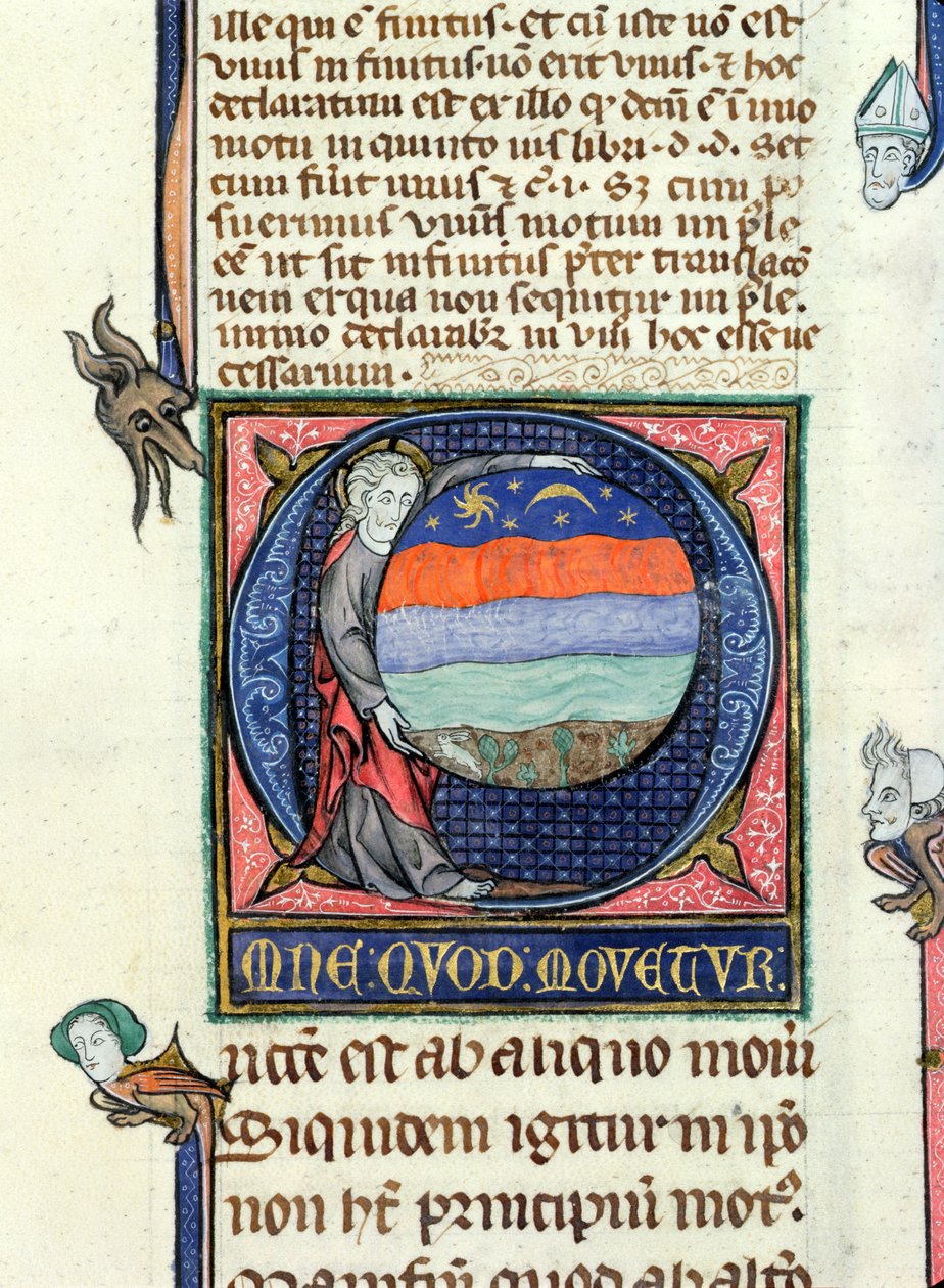 Ms 3469 Chrystus trzymający globus z czterema żywiołami, z Fizyki Arystotelesa (384-322 p.n.e.) (pióro, atrament i tempera na welinie) autorstwa French School