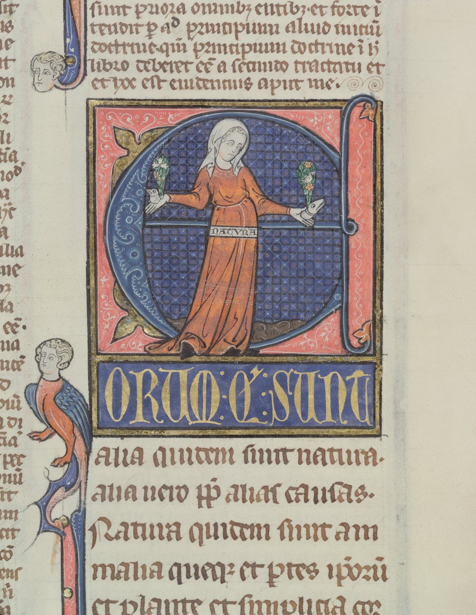Ms 3469 Historyczny inicjał E z przedstawieniem Natury, z Fizyki Arystotelesa (384-322 pne) (pióro, atrament i tempera na welinie) autorstwa French School