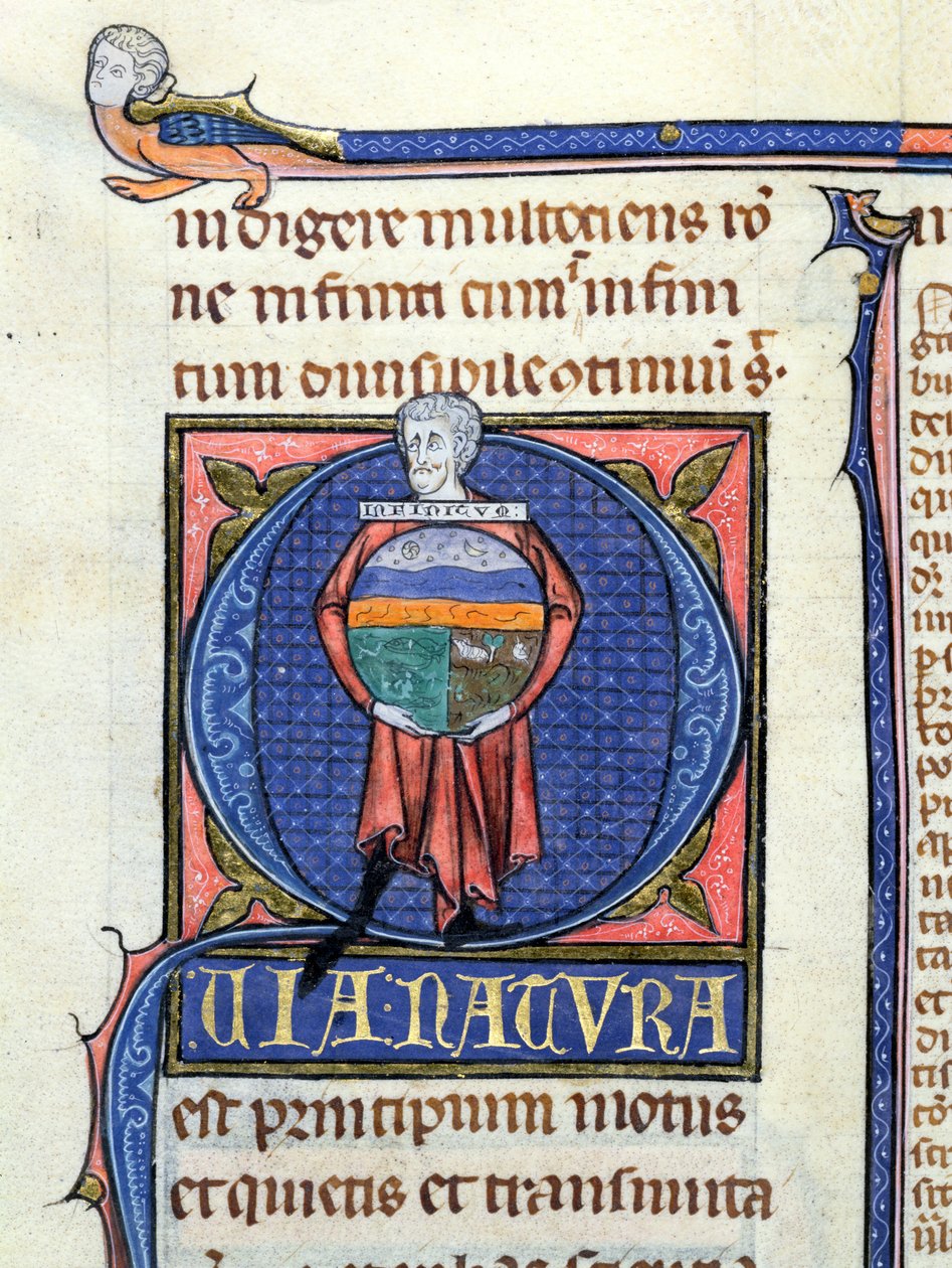 Ms 3469 Filozof trzymająca globus z czterema elementami, z Fizyki Arystotelesa (384-322 pne) (pióro, atrament i tempera na welinie) autorstwa French School