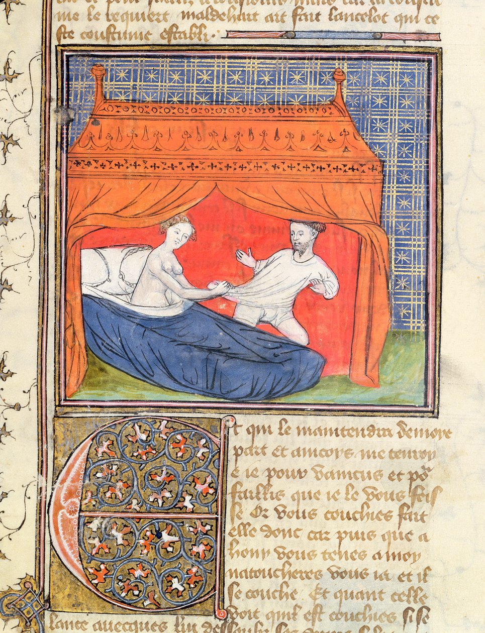 Pani 3480 Lancelot próbuje uciec przed kobietą w łóżku, z Livre de Messire Lancelot du Lac autorstwa French School