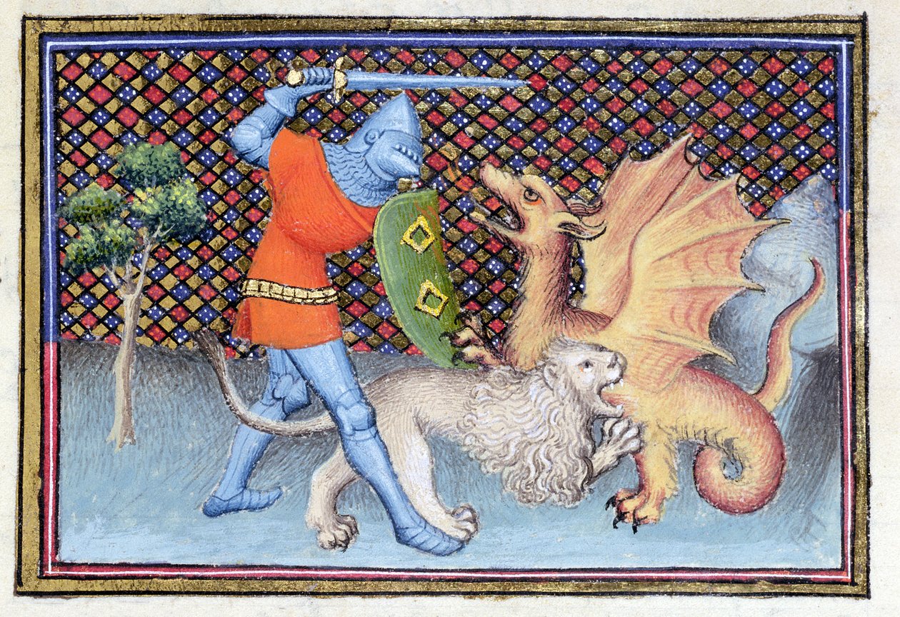 Ms 3480 Yvain, Rycerz z Lwem, walczący ze smokiem, miniatura z Roman de Lancelot, detal autorstwa French School