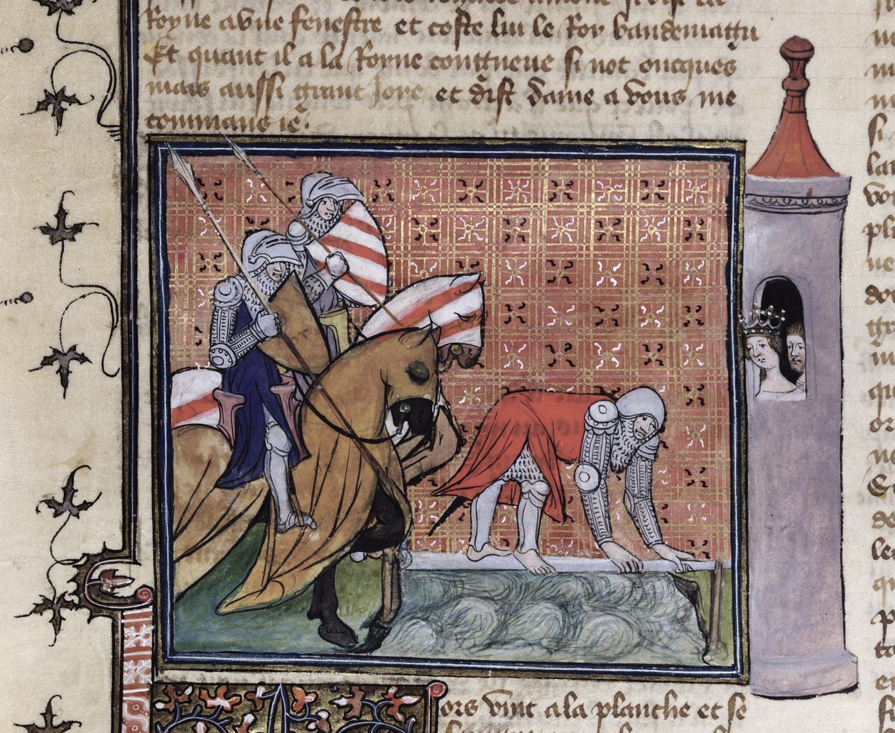 Ms 3480 fol.77 Lancelot przekraczający most miecza, z Księgi Sir Lancelota du Laca autorstwa French School