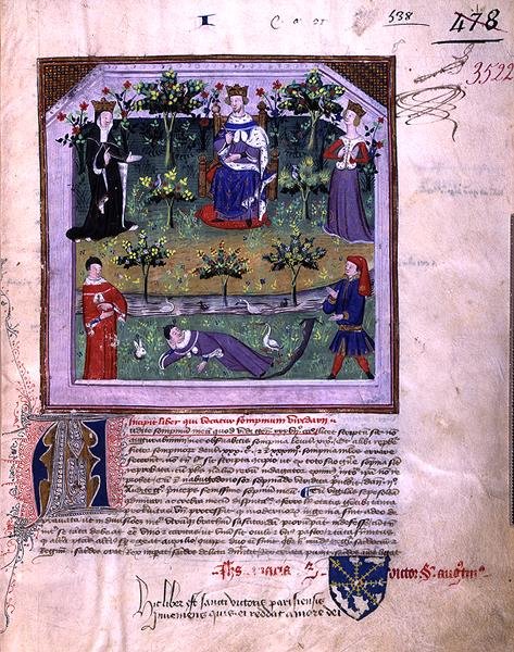 Ms 3522 fol.1 Autor udający sen jest świadkiem sporu rycerza z biskupem z „Somnium Viridarii” (Le Songe du Vergier) skomponowanej w 1376 r. na polecenie Karola V (1338-80) (wellum ) autorstwa French School