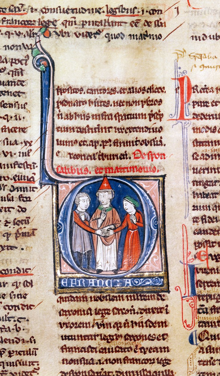 Ms 365 fol.318v Historyczny inicjał D przedstawiający małżeństwo, z Dekretów Grzegorza IX autorstwa French School