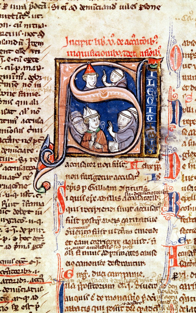 Ms 365 fol.350 Historyczny inicjał S przedstawiający papieża Grzegorza IX (1220-50) z biskupami i opatami, z Dekretów Grzegorza IX autorstwa French School