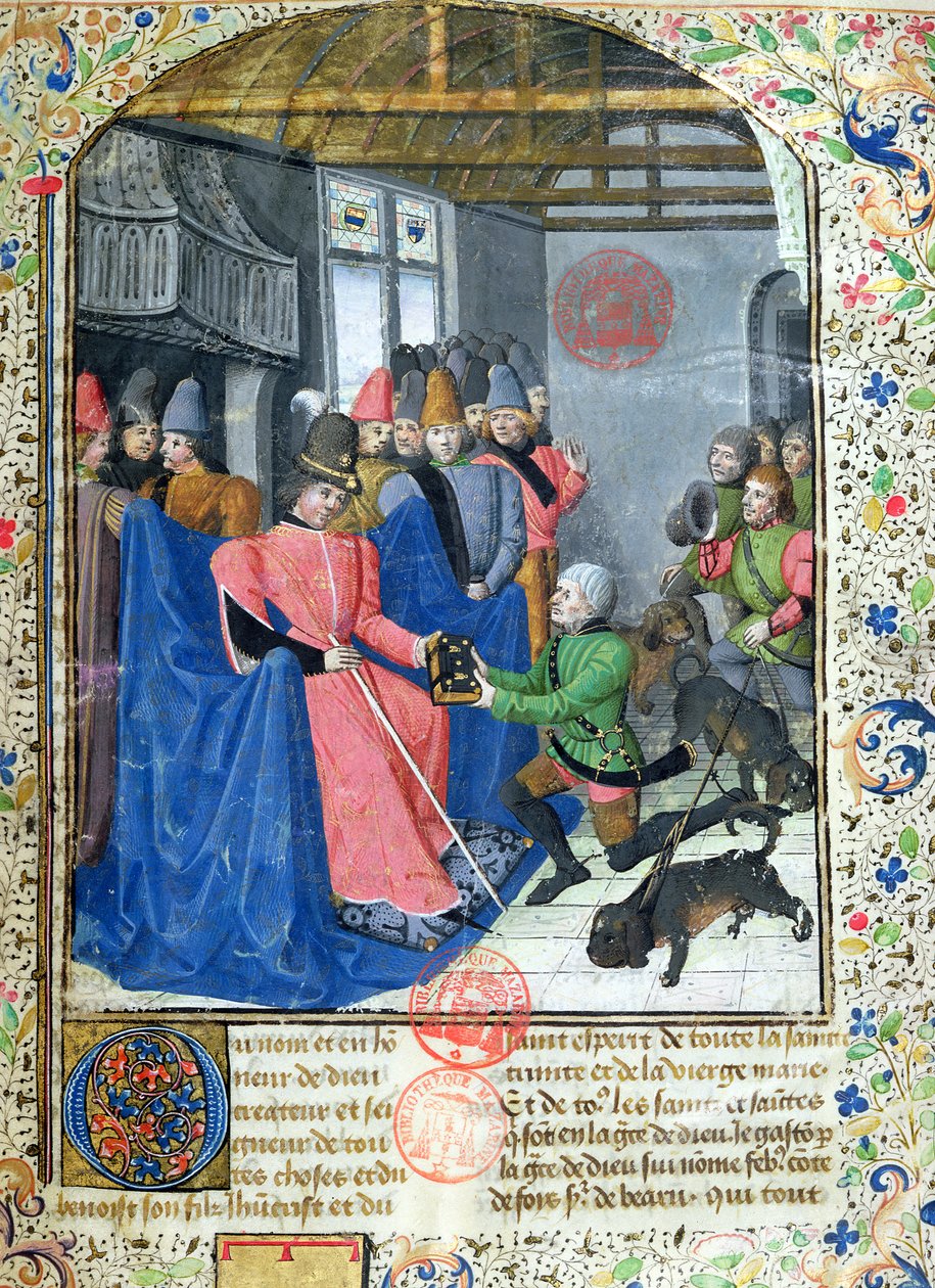 Ms 3717 Huntsman wręcza autorowi kopię jego traktatu o polowaniu, z Livre de la Chasse Gastona Phebusa de Foix (1331-91) autorstwa French School