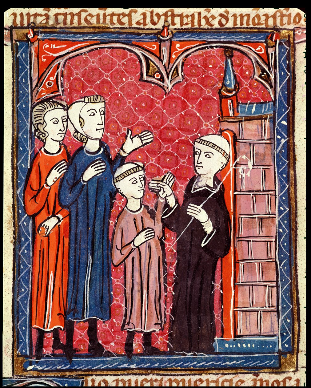 Ms 372 f.53r Dziecko przyniesione do klasztoru przez rodziców, z Decrets de Gratien autorstwa French School