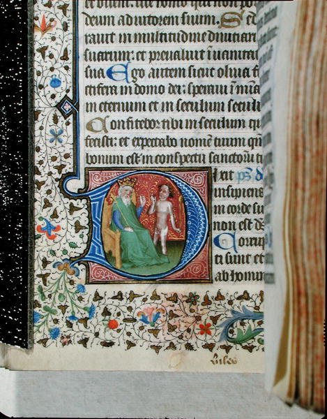 Ms 376 Historiograficzny inicjał "D" przedstawiający króla z głupcem, z psałterza (vellum) autorstwa French School