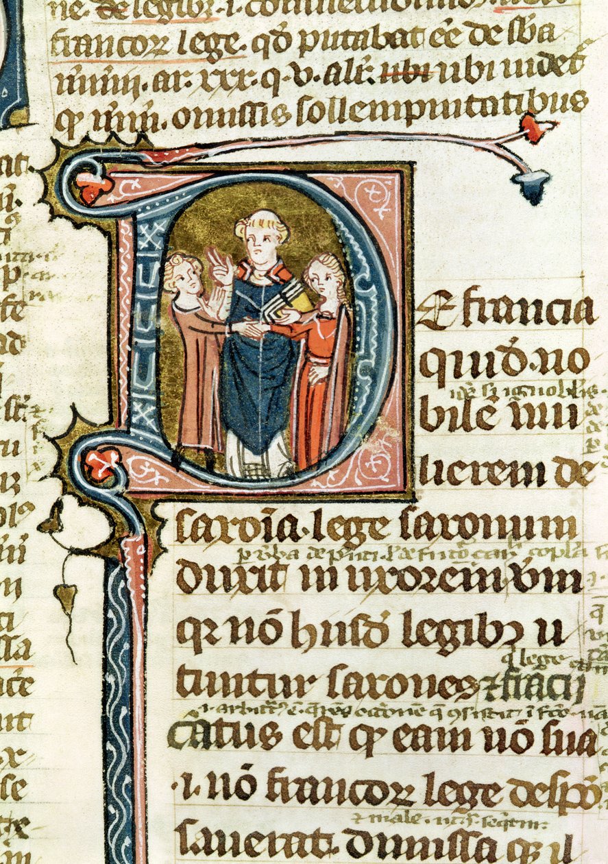 Ms 376 f.320 Historyczny inicjał D przedstawiający księdza błogosławiącego małżeństwo, z Les Gregoriennes autorstwa French School