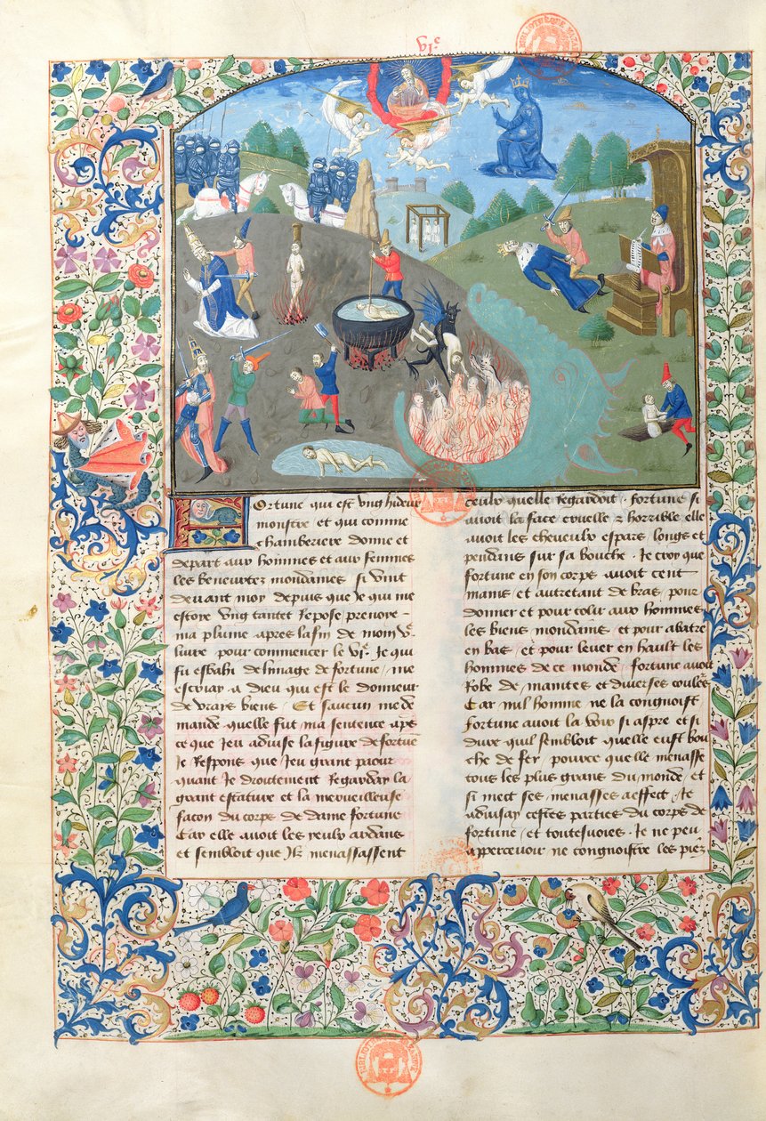 Ms 3878 Sceny bitwy, zabójstwa i piekła z De Casibus Virorum Illustrium Giovanniego Boccacciego (1313-75) autorstwa French School