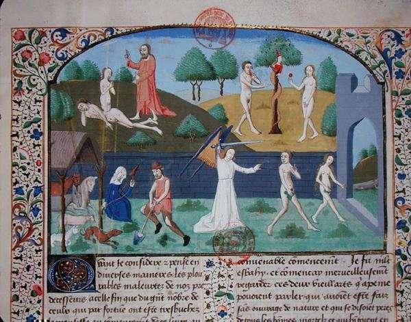 Ms 3878 Stworzenie Ewy, Kuszenie i Wypędzenie Adama i Ewy, z „Des cas des nobles hommes et femmes”, Giovanni Boccaccio (1313-75) (welum) autorstwa French School