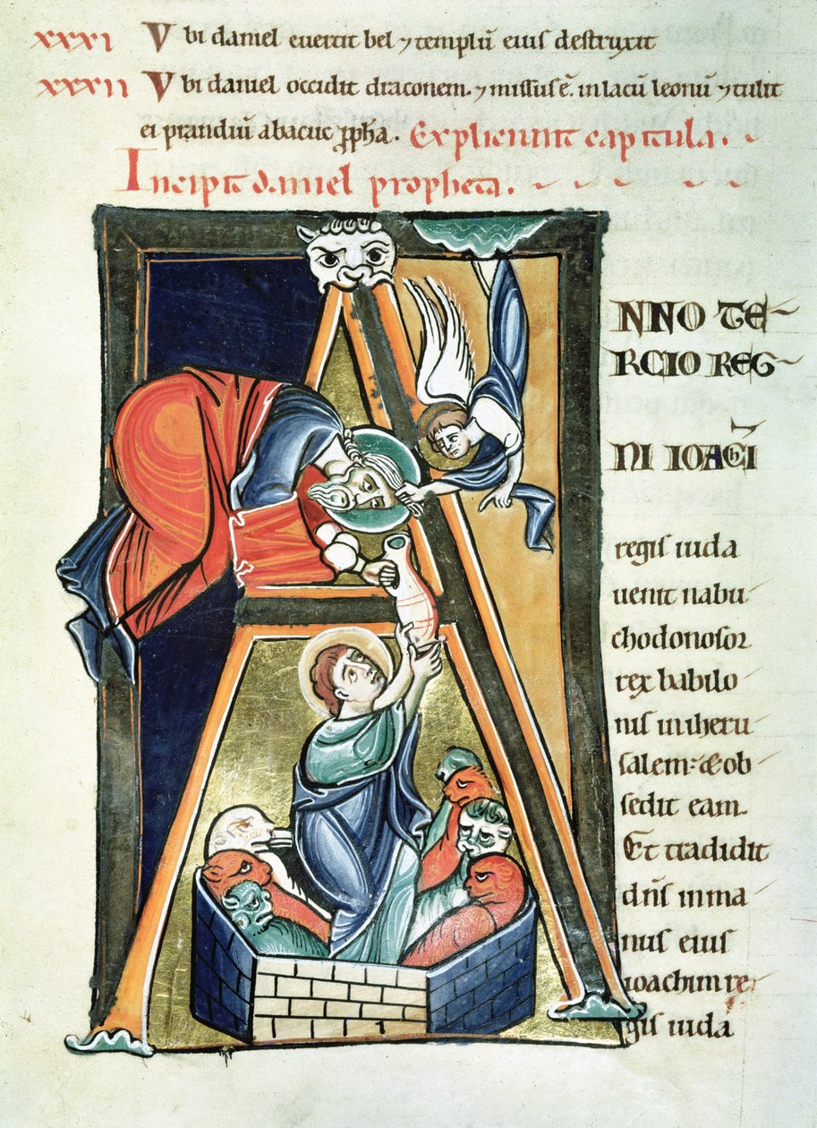 Ms 3 fol.233 Historyczny inicjał A przedstawiający Daniela w Legowisku Lwów, z Biblii de Saint-Sulpice de Bourges autorstwa French School