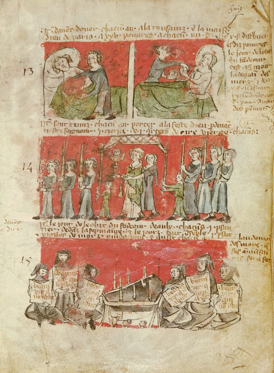 Ms 406 fol.6 Sceny z życia studentów Kolegium Hubanta lub Ave Maria, ze Statutów Kolegium Hubanta, Paryż, 1387 autorstwa French School