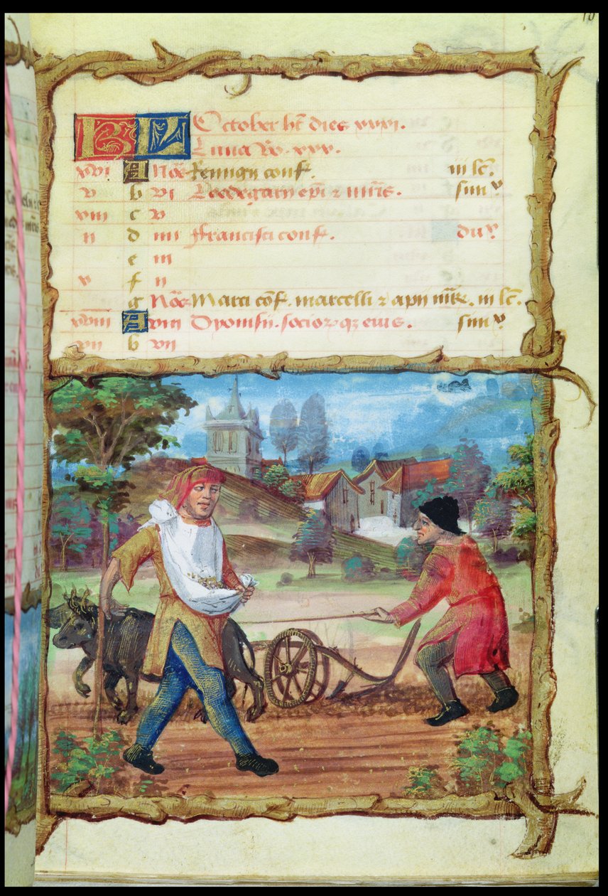 Ms 438 Miesiąc październik: Orka i siew, z Księgi Godzin, 1490 autorstwa French School