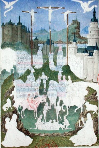 Ms 473 Ukrzyżowanie lub Golgota, niedokończona miniatura z „Heures de Charles de France”, ok. 1466-69 (gwasz na papierze) autorstwa French School