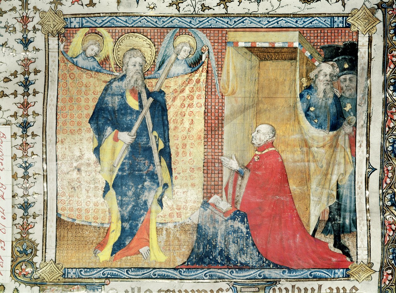 Ms 48 fol.181 Jean de France (1340-1416) Książę Berry modlący się przed św. Andrzejem, z Lectionnaire de la Sainte-Chapelle de Bourges, c.1404-10 autorstwa French School