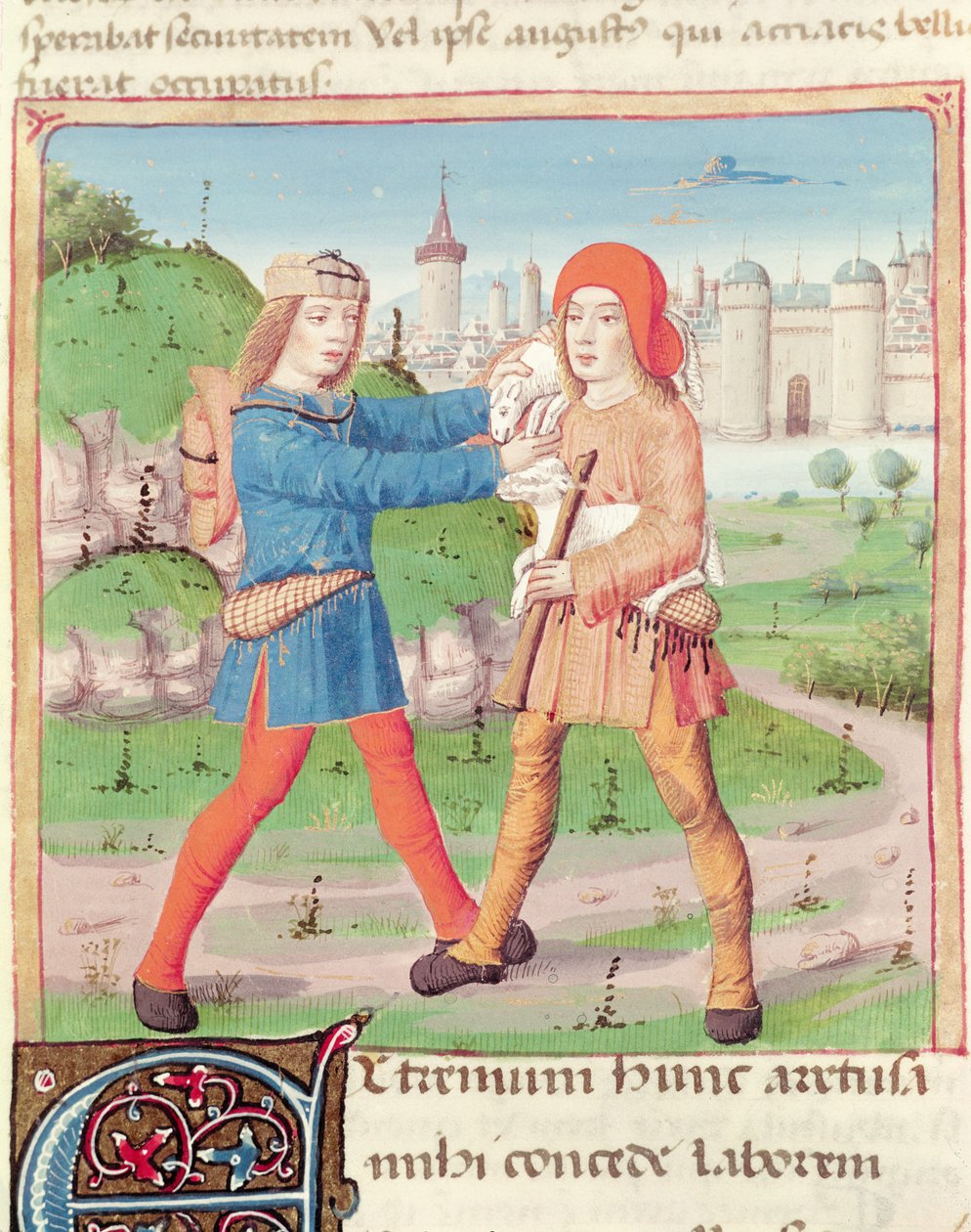 Ms 493 f.17 Wymiana darów, z Eklog Wergiliusza (70-19 pne) z komentarzem Serwiusza, 1469 autorstwa French School