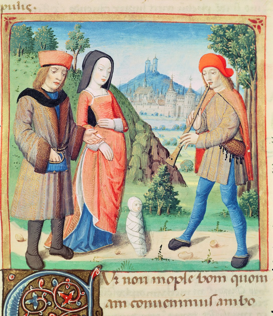 Ms 493 f.9 Uroczystość Dziecka, które przywróci złoty wiek na Ziemi, z Eklog Wergiliusza z komentarzem Serwiusza, 1469 autorstwa French School