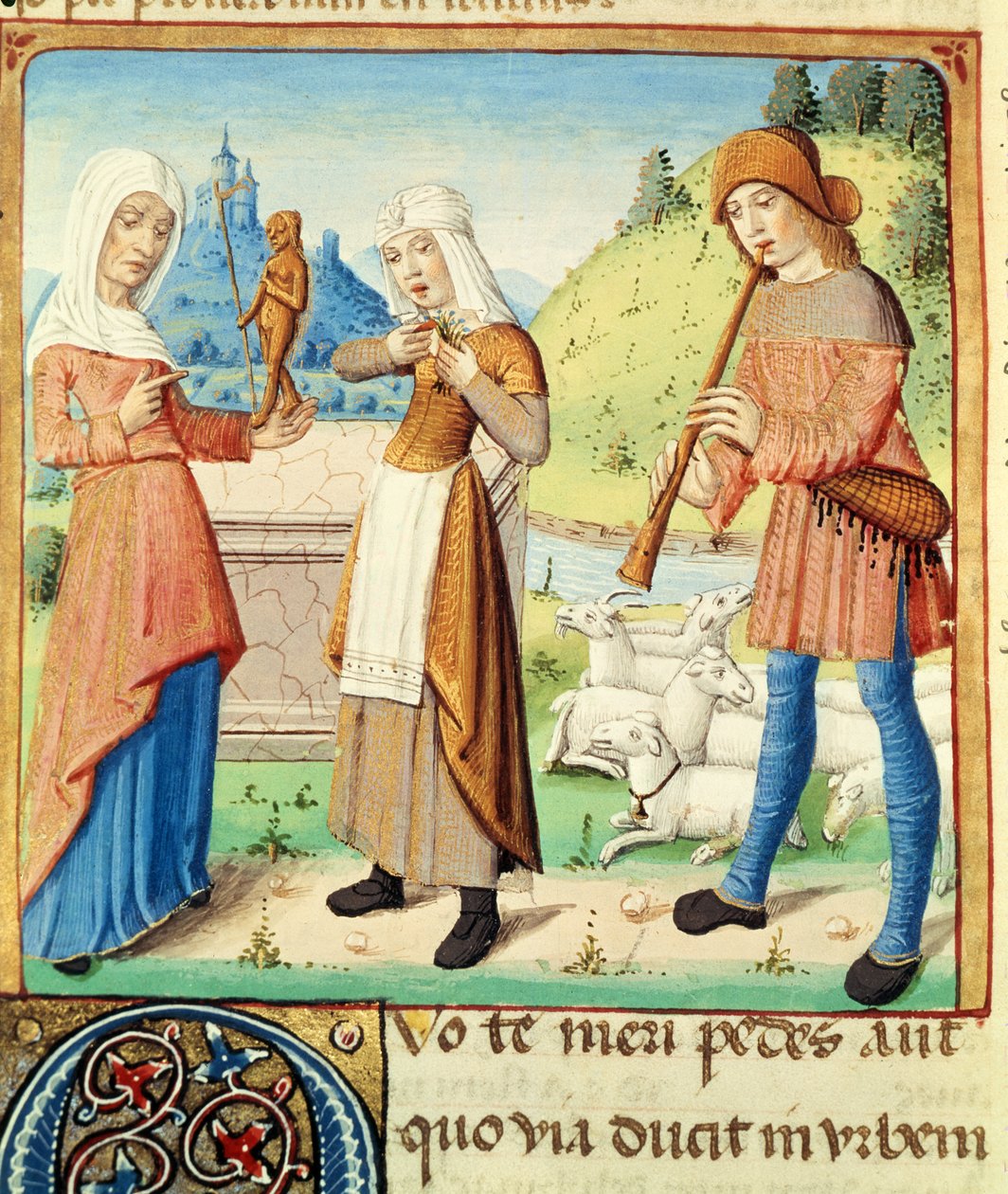 Ms 493 fol.15v Pasterz Menalcas i jego nieodwzajemniona miłość, z Eklog Wergiliusza z komentarzem Serwiusza, 1469 autorstwa French School
