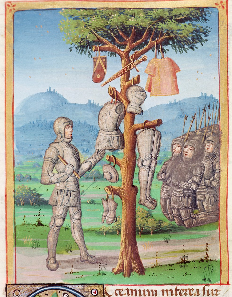 Ms 493 fol.193v Eneasz zawiesza zbroję Mezencjusza na dębie, z Eneidy Wergiliusza z komentarzem Serwiusza, 1469 autorstwa French School