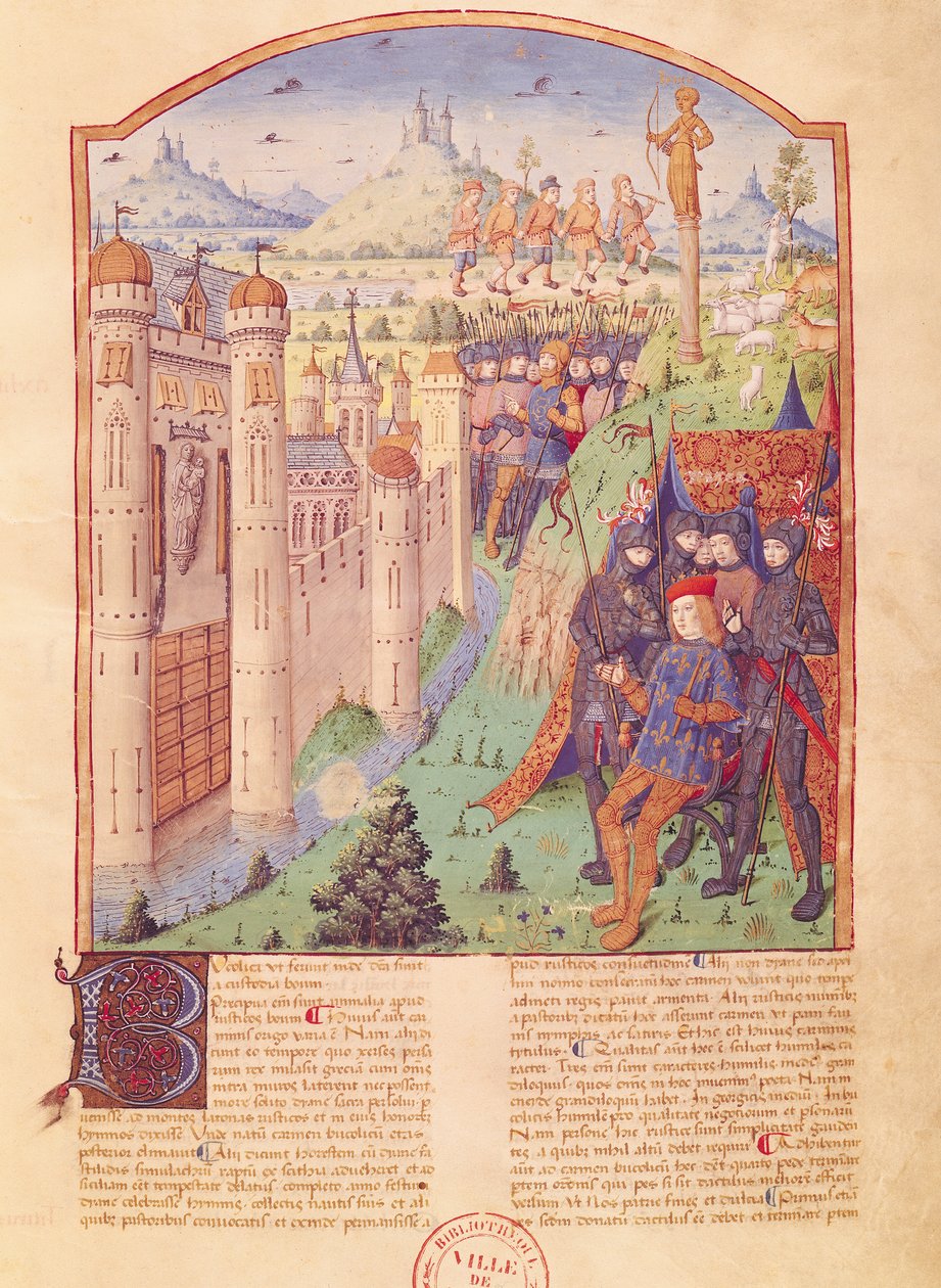 Ms 493 fol.1r Dzieła Wergiliusza z komentarzem Serwiusza, Bukolików, Król siedzący na tronie otoczony przez straż przed warownym miastem, Francja, 1469 autorstwa French School