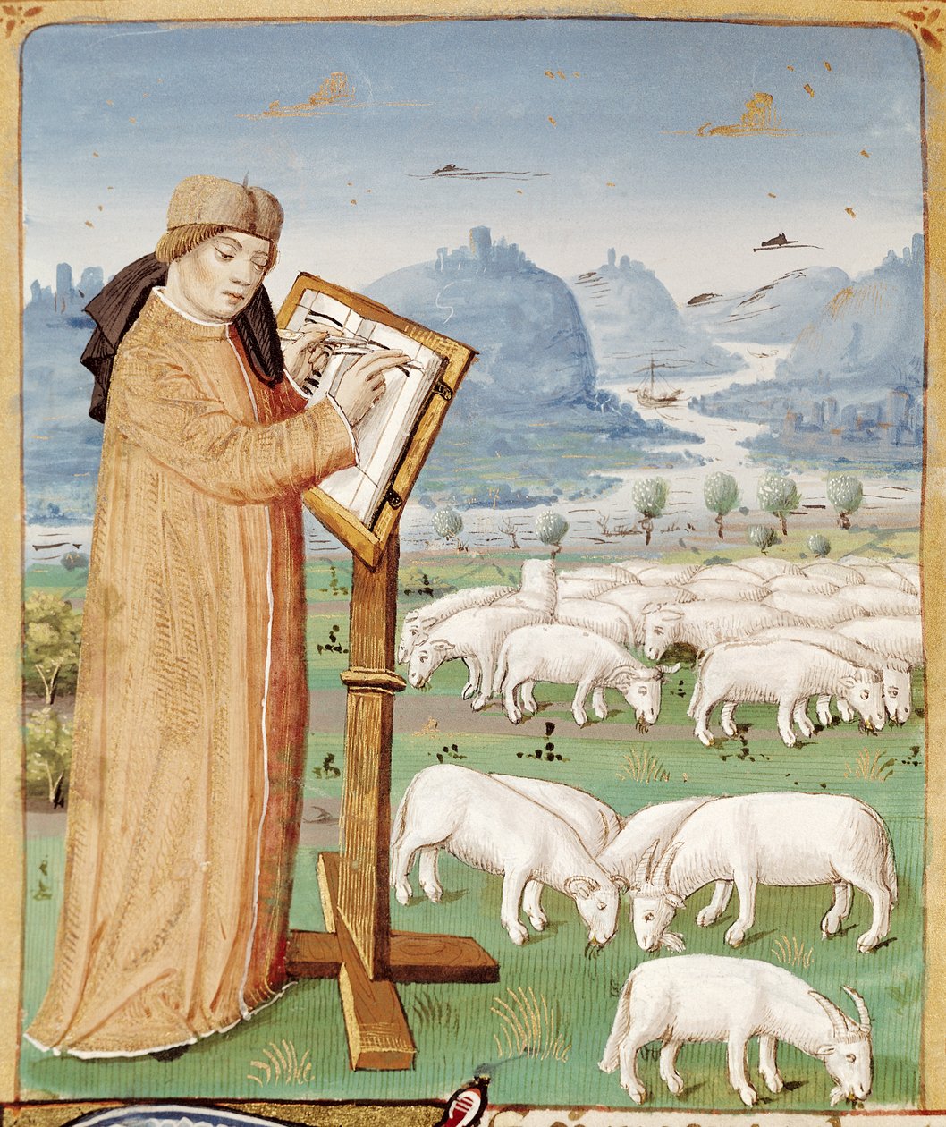 Ms 493 fol.37v Pisanie Wergiliusza na polu owiec i kóz, z Georgik Wergiliusza (70-19 pne) z komentarzem Serwiusza, 1469 autorstwa French School