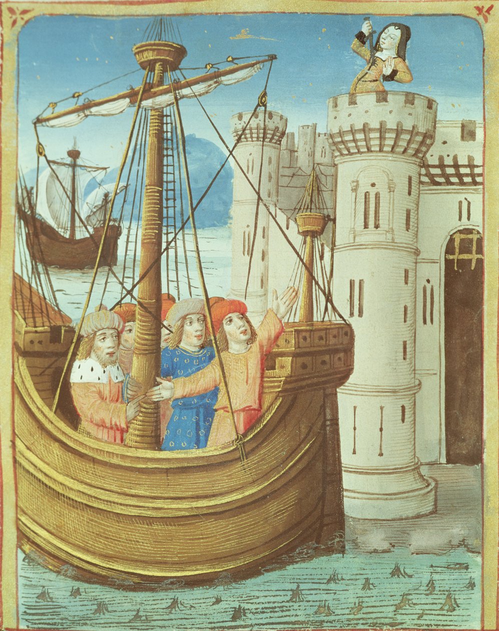 Ms 493 fol.99v Odejście śmierci Eneasza i Dydony z Eneidy Wergiliusza z komentarzem Serwiusza, 1469 autorstwa French School