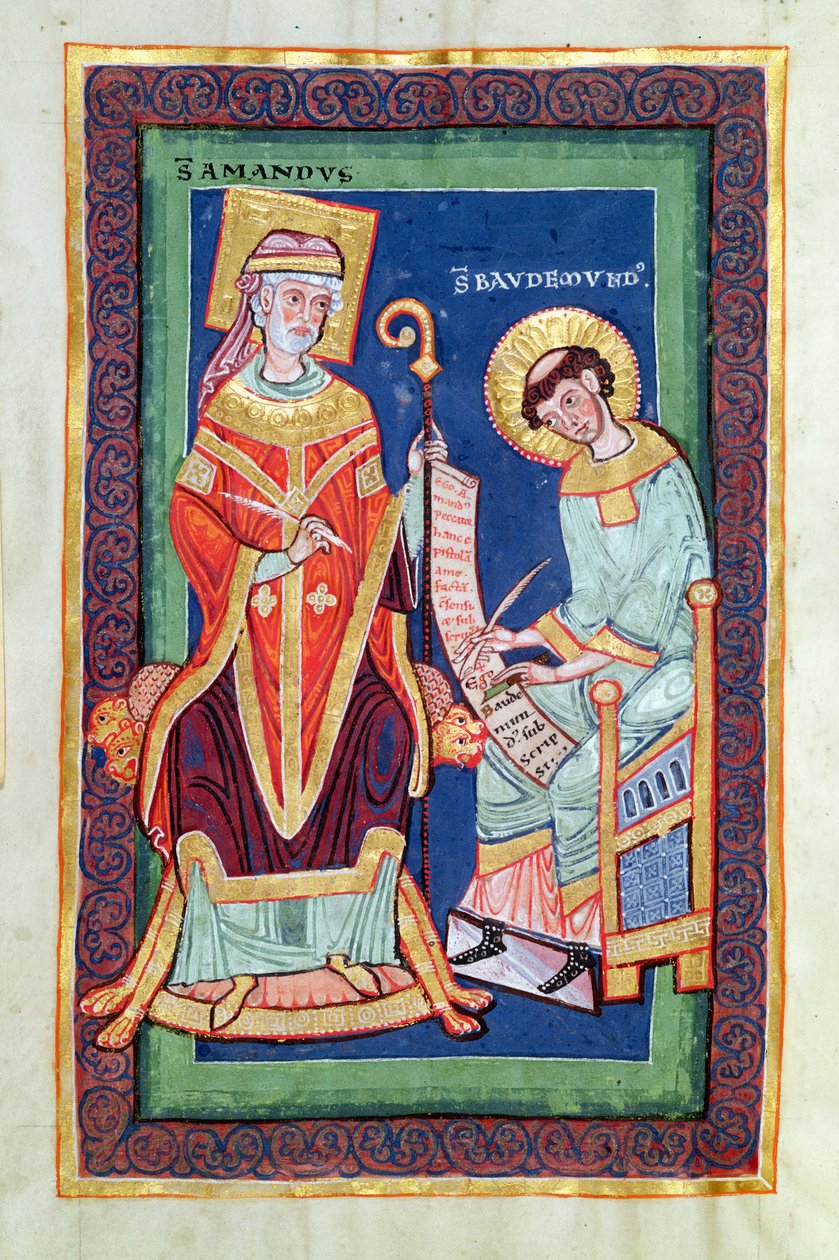 Ms 501 Fol.58 St. Amand zwracający zwój św. Baudemondowi, z Życia i cudów św. Amanda autorstwa św. autorstwa French School